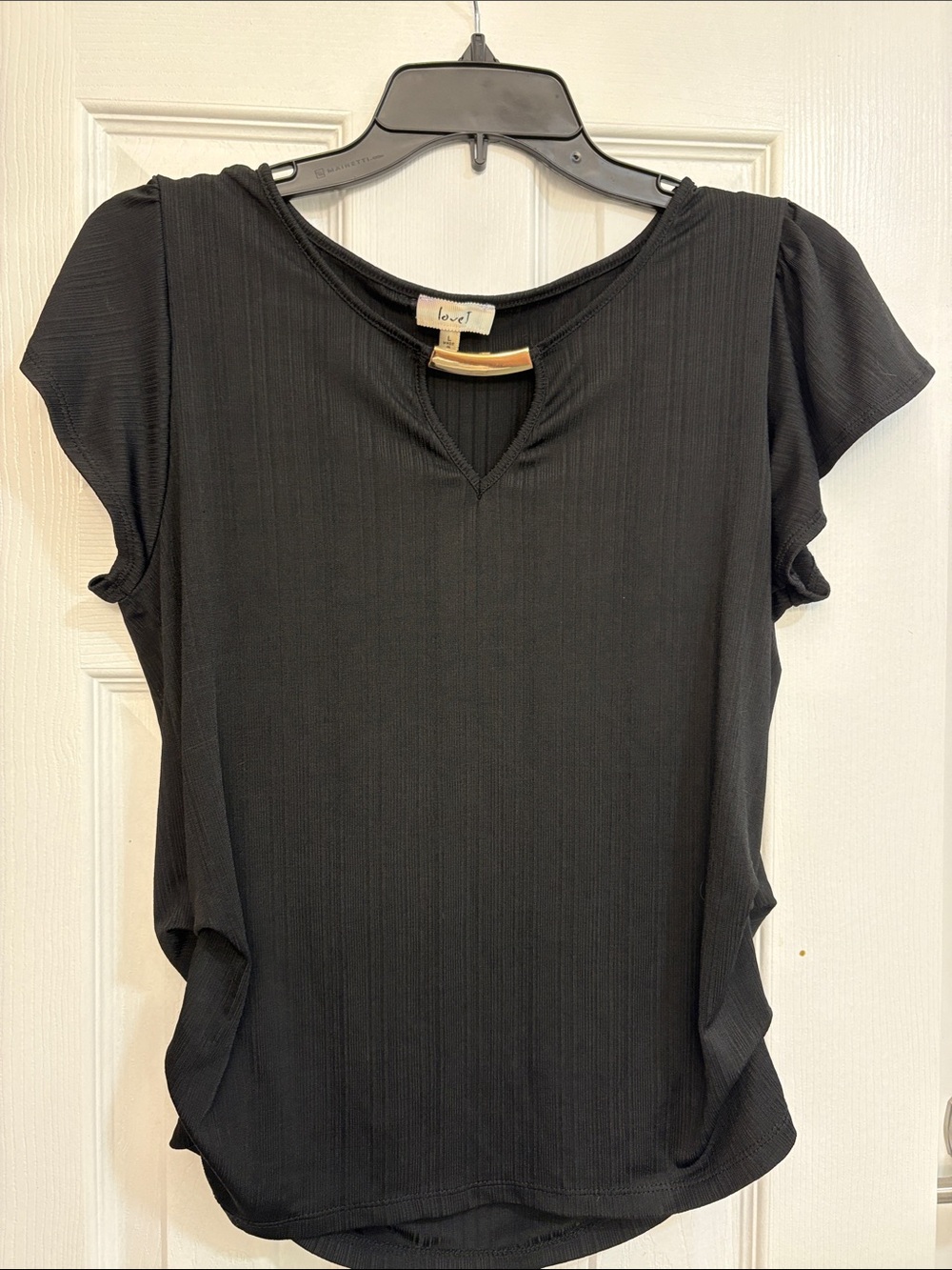 Love Black Short Sleeve Ribbed Top with Notch Detail